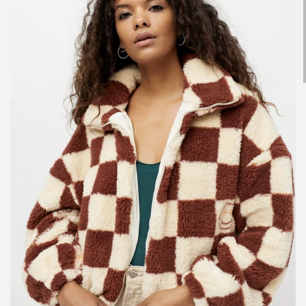Urban outfitters check brown and cream fleece jacket